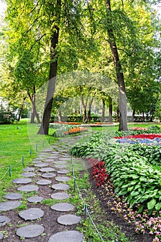 Picturesque city park on Elagin Island with flower beds and walking paths for walking in Saint Petrsburg