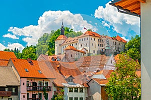 Picturesque cityscape of Skofja Loka, a small historic town in Slovenia