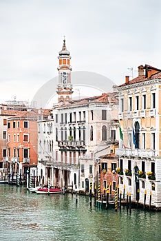 Picturesque Cityscape of Venice. Old Buildings on Grand Canal. Italy. Cloudy Sky