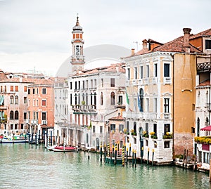 Picturesque Cityscape of Venice. Old Buildings on Grand Canal. Italy. Cloudy Sky