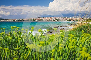 Picturesque coastal view of Novalja town on Pag island in Croatia