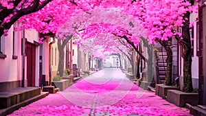 A picturesque cobblestone street lined with beautiful cherry blossom trees in full bloom, A whimsical cobblestone street lined