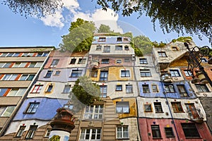 Picturesque colorful facade in Vienna. Hunderwasser residential house. Austria