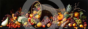 A picturesque cornucopia overflowing with an abundance of seasonal fruits and vegetables