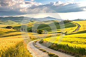 Picturesque countryside with rolling hills wheat fields and winding path