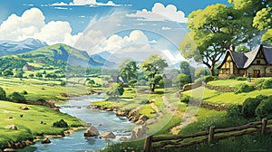 a picturesque countryside through a window, featuring rolling hills, a babbling brook