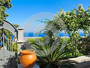 Picturesque courtyard in the monastery of Saint Savvas on the Greek island of Kalymnos