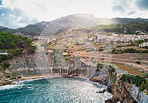 Picturesque cove and Mediterranean Sea of Banyalbufar village. Mallorca, Spain