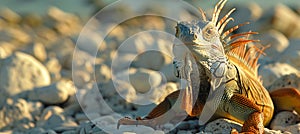 Picturesque desert landscape with an iguana enjoying the sun among rocky outcrops photo