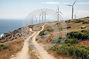 A picturesque dirt road leading through the countryside towards a cluster of majestic windmills, View from Cape Kaliakra to an