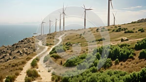 A picturesque dirt road leading through the countryside towards a cluster of majestic windmills, View from Cape Kaliakra to an