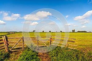 Picturesque Dutch polder landscape with wooden gate in foreground