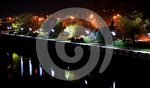 Picturesque Embankment of the Dnieper River in the Dnipro city at night, Ukraine.