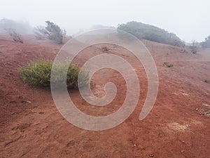 Picturesque erosion red earth and sand hills desert landscape near the viewpoint Mirador de Abrante in thick fog and