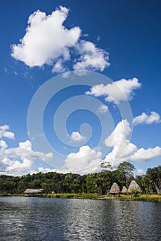 Picturesque and exotic lagoon with clean waters El Milagro, loggon miracles with wooden house Amazon jungle Tingo Maria Peru