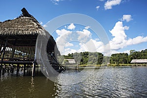 Picturesque and exotic lagoon with clean waters El Milagro, loggon miracles with wooden house Amazon jungle Tingo Maria Peru