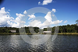 Picturesque and exotic lagoon with clean waters El Milagro, loggon miracles with wooden house Amazon jungle Tingo Maria Peru