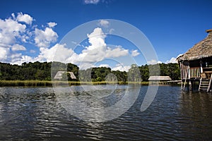 Picturesque and exotic lagoon with clean waters El Milagro, loggon miracles with wooden house Amazon jungle Tingo Maria Peru