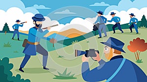 In a picturesque field a photographer captures the moment a troop of soldiers dressed in blue and gray engage in a