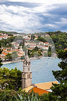 The picturesque fishing town of Cavtat in the Dubrovnik area with dark and dramatic sky
