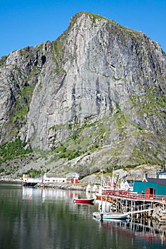 Picturesque fishing town of Reine by the fjord on Lofoten island