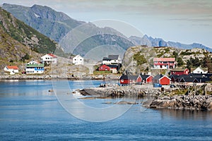 Picturesque fishing town of Reine by the fjord on Lofoten island