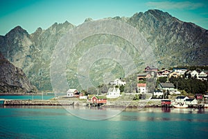 Picturesque fishing town of Reine by the fjord on Lofoten island