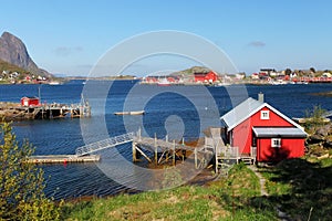 Picturesque fishing town of Reine by the fjord on Lofoten island