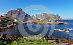 Picturesque fishing town of Reine by the fjord on Lofoten island