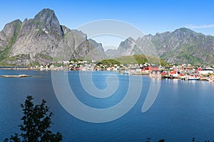 Picturesque fishing town of Reine by the fjord on Lofoten island