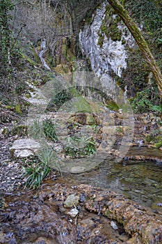 Picturesque forest landscape near Vallocchie waterfall in Castel di Tora, Lazio, Italy