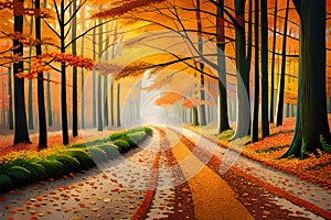 A picturesque forest path bathed in the warm hues of autumn, leading deeper into the heart of the colorful woods