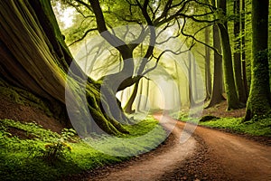 A picturesque forest trail leading to an ancient tree with a massive hollow trunk, creating a natural woodland sanctuary