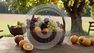 picturesque fruit basket takes center stage on a rustic wooden table photo