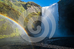 Picturesque full of water big waterfall Skogafoss autumn view, southwest Iceland