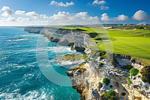 Picturesque golf course on clifftop with iconic rock arches and stunning ocean views photo