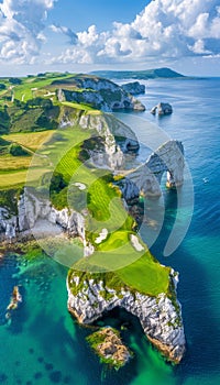 Picturesque golf course on clifftop with stunning sea view and iconic rock arches