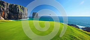 Picturesque golf course on white cliffs with ocean vistas and distinctive rock arches photo