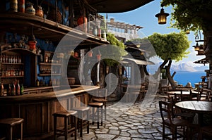 Picturesque Greek tavern near sea. Generate Ai