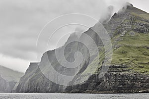 Picturesque green cliffs landscape and atlantic ocean. Faroe islands