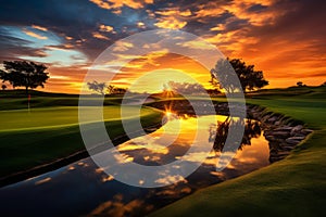 Picturesque Green gold course sunset grass. Generate AI