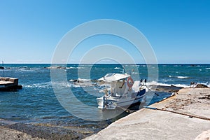 Picturesque gulf with a small dock in Mathraki island, Grece