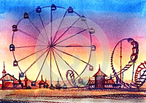 Picturesque hand drawn landscape with amusement park. Colorful silhouettes of attractions with high Ferris wheel and roller