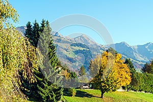 Picturesque hills and alpine mountains in the autumn near Gruye