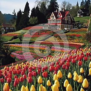 A picturesque hillside blanketed in colorful tulips radiates the essence of springtime exuberance