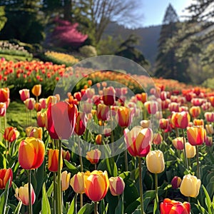 A picturesque hillside blanketed in colorful tulips radiates the essence of springtime exuberance photo