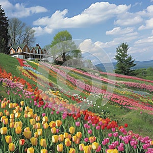 A picturesque hillside blanketed in colorful tulips radiates the essence of springtime exuberance photo
