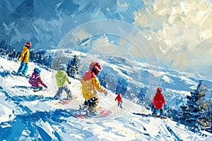 picturesque hillside covered in fresh snow, where children are bundled up in colorful winter gear, eagerly waiting their
