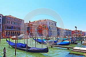 Gondolas tied at Grand canal station Venice Italy
