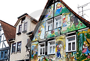 Picturesque house facades in Old Town of Steinau an der Strasse, birthplace of Brothers Grimm, Germany